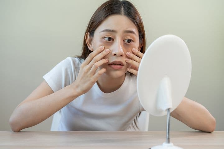 Asian woman looking into the mirror examining her eye bags