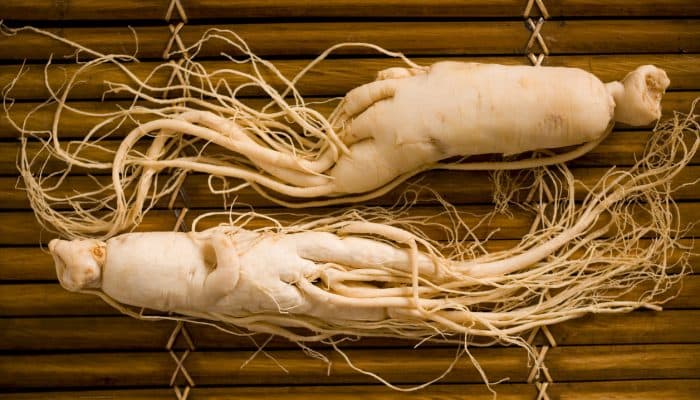 Two ginseng roots on a bamboo mat