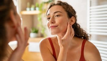 A young beautiful woman with freckle skin checking her skin conditions in a mirror