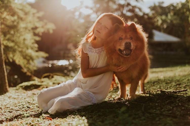 A little girl enjoying hugging her dog on the grass.